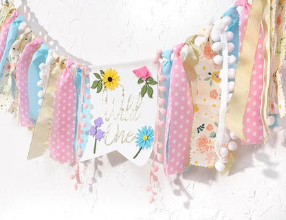 Wild flower High Chair Banner - Girls Wild One 1st Birthday Decoration, Floral Theme Highchair Banner