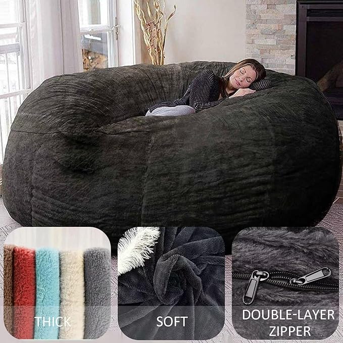 BCU Oversized Bean Bag Cover Comfy Beanbag Chair for Adults Without Filler Faux Fur Floor Chair Lazy Sofa Cover Comfy for Living Room Chairs, Dark Blue, 5FT