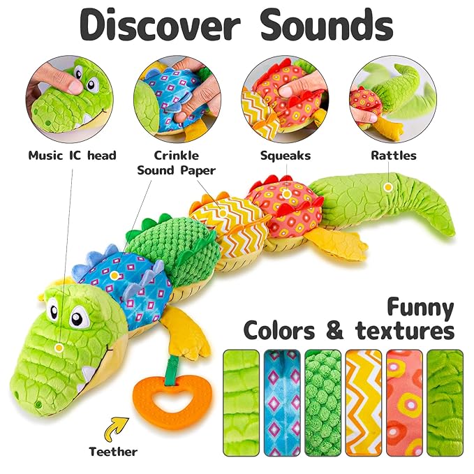 Infant Baby Musical Stuffed Animal Activity Soft Toys with Teether, Multi-Sensory Crinkle 0-3-6-12 Months