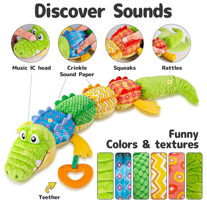 Infant Baby Musical Stuffed Animal Activity Soft Toys with Teether, Multi-Sensory Crinkle 0-3-6-12 Months