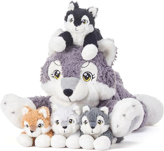 IKASA Mommy Wolf Stuffed Animal Mom and Baby Plush Toy, Cute 18" Soft Small Fluffly Mama Family Set Toy with Little Mini Babies