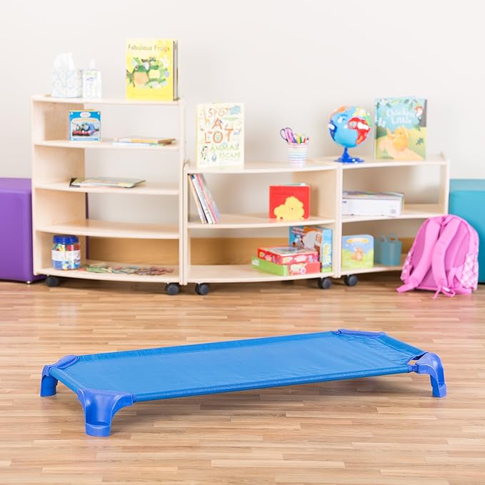 Sprogs Heavy-Duty Stackable 40"L Daycare Cots for Toddlers Ages 1 to 2, Stacking Preschool Classroom Toddler Cots for Sleeping, Resting, Naptime, Pack of 12, Blue