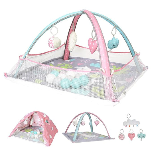 LADIDA Baby Play Gym, 3 Stage Activity Mat with Ball Pit Dome and STEM-Based Toys for Sensory and Motor Skill Development 10 Colorful