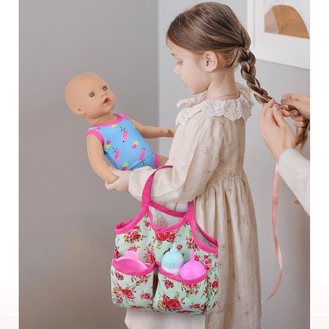 UNICORN ELEMENT 8 Pcs Baby Doll Clothes and Accessories, Baby Doll Feeding and Caring Set with Baby Doll Diaper Bag