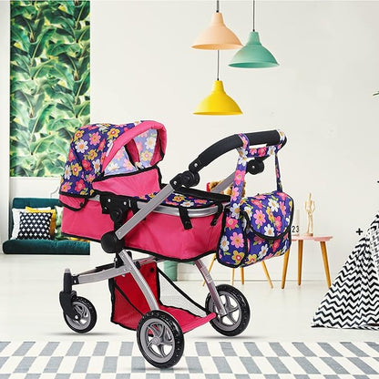 Fash N Kolor | Foldable Pram for Baby Doll with Flower Design with Swiveling Wheel Adjustable Handle Bassinet Stroller with Baby Doll, Convertible Seat