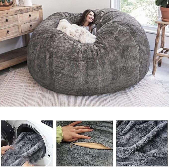 DELADOLA Bean Bag Cover(NO Filler,Cover ONLY) Big Bean Bag Storage Chair Bean Bag Sofa Chair Soft Fluffy Fur Portable Living Room Sofa Bed Cover (Snow Gray, 6FT)