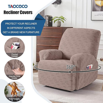 TAOCOCO Recliner Cover 3 Pieces Recliner Chair Covers, Stretch Jacquard Reclining Chair Cover, Furniture Protector Sofa Slipcovers Couch Covers with Elastic Bottom for Kids, Pets (Khaki)
