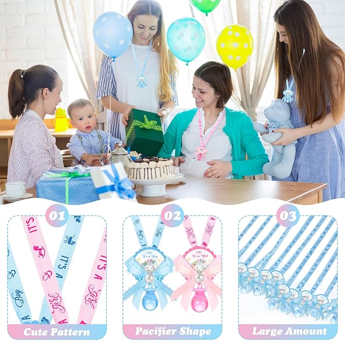 36 Pcs Baby Shower Pacifiers Necklace Girls Boys Elephant Acrylic Gender Reveal Baby Pacifiers for Baby Shower with Tags Decoration for Guests Gender Reveal Party Favors(Blue, Pink
