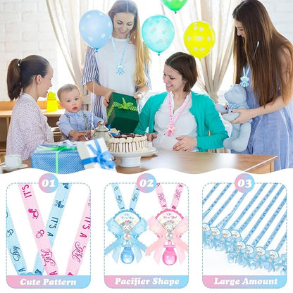 36 Pcs Baby Shower Pacifiers Necklace Girls Boys Elephant Acrylic Gender Reveal Baby Pacifiers for Baby Shower with Tags Decoration for Guests Gender Reveal Party Favors(Blue, Pink