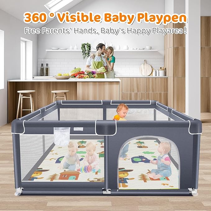 Suposeu Baby Playpen with Mat, Large Playpen for Babies and Toddlers, Play Yard for Indoor and Outdoor Use, Sturdy Safety Fence with Soft Breathable Mesh (71x59 Inches, Grey)