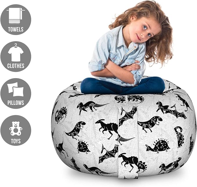 Lunarable Dinosaur Silhouette Storage Toy Bag Chair, Abstract Design Prehistoric Jurassic Animal on Leaves, Stuffed Animal Organizer Washable Bag, Large Size, Charcoal Grey