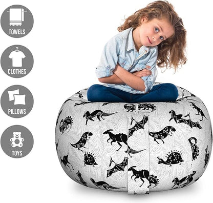 Lunarable Dinosaur Silhouette Storage Toy Bag Chair, Abstract Design Prehistoric Jurassic Animal on Leaves, Stuffed Animal Organizer Washable Bag, Large Size, Charcoal Grey
