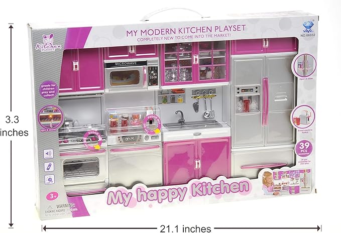 PowerTRC Doll Kitchen Play Set, Mini Modern Toy Kitchen Pretend Play Furnitures Toy Set Accessories Set with Realistic Light & Sound for Kids Toddlers Girls (4-in-1)