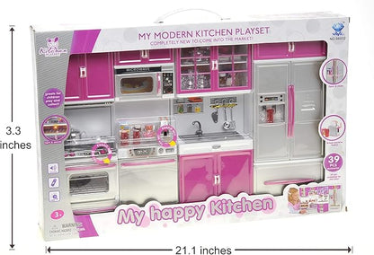 PowerTRC Doll Kitchen Play Set, Mini Modern Toy Kitchen Pretend Play Furnitures Toy Set Accessories Set with Realistic Light & Sound for Kids Toddlers Girls (4-in-1)
