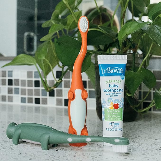 Dr. Brown's Baby and Toddler Toothbrush, Green and Orange Dinosaur 2-Pack 1-4 Years 6m+, Dino-Soft