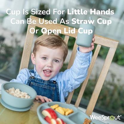 WeeSprout Baby Led Weaning Bundle, Silicone Suction Bowl, Spoons, Bib & Cup, Develops Self Feeding Skills, Dishwasher Safe (Pink)