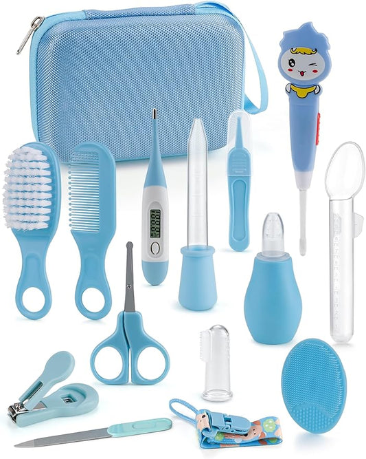 Baby Healthcare and Grooming Kit 15 in 1, Safe Baby Grooming Kit Newborn Girl Boy Essentials, Portable Baby Care Set Nursery Shower Gift for Infant Baby Registry Search, Blue