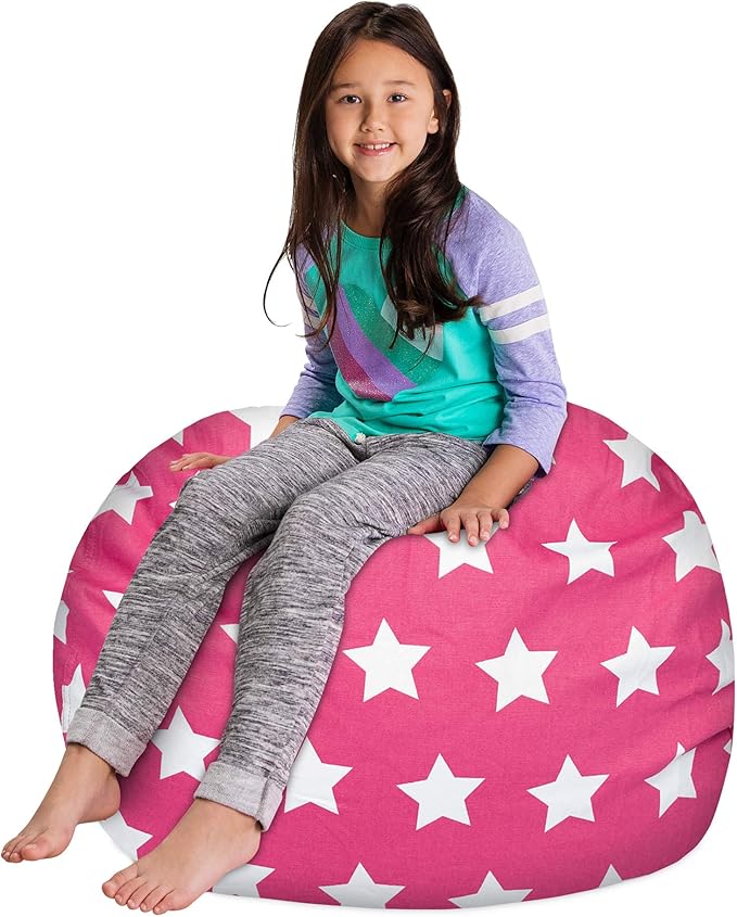 Posh Creations Kids Stuffed Animal Storage Bean Bag Chair Cover - Childrens Toy Organizer, Large-38in, Canvas White Stars on Pink