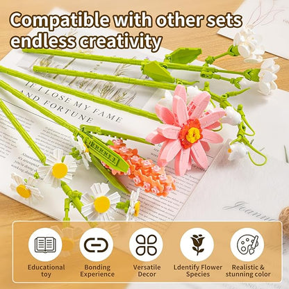 Flower Bouquet Building Blocks Set - Artificial Flowers with Gerbera for Home Decor, Unique Gift for Her or Him for Anniversary Valentine Birthday