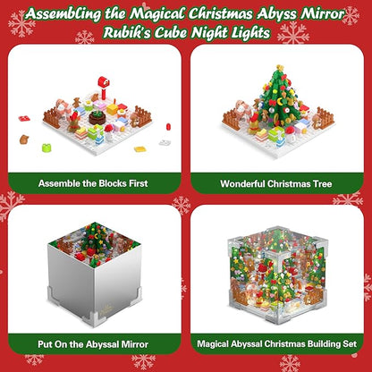 Wowok Christmas Tree Building Blocks Set, LED Infinity Mirror Cube, DIY Night Light Building Toy, Christmas Home Decoration Table Lamp Lovely Xmas Gift for Kids Adults Holiday Family Friends