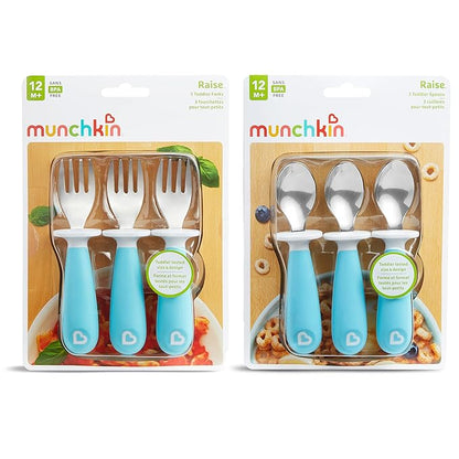Munchkin® Raise™ Toddler Fork and Spoon Utensil Set, Rest Keeps Tip Off Table, BPA Free, 6 Pack, Blue