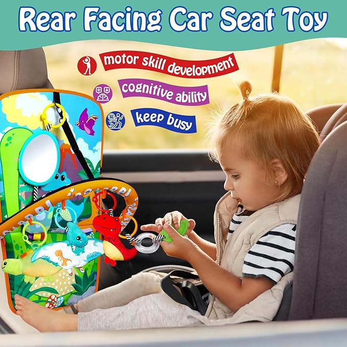 Baby Car Seat Dinosaurs Toys - Kick and Play Double Sided Infant Car Seat Toys with Plush Toys, Mirror, Teether for Baby, Baby Travel Activities, Christmas Birthday Gifts Newborn Infant Toys