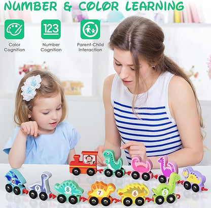 Dinosaur Toys for Toddlers Age 2-4, Wooden Dinosaur Train Set with Playmat/Storage Bag, Montessori Educational Toys for 2+ Years Old Boys & Girls