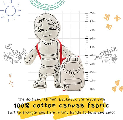Color Your Doll - Boy Doll with Pocket & Backpack - Washable Markers Included - Educational Art & Crafts Toy for Kids - Reusable, Color, Play, Wash, Repeat - Creative Gift