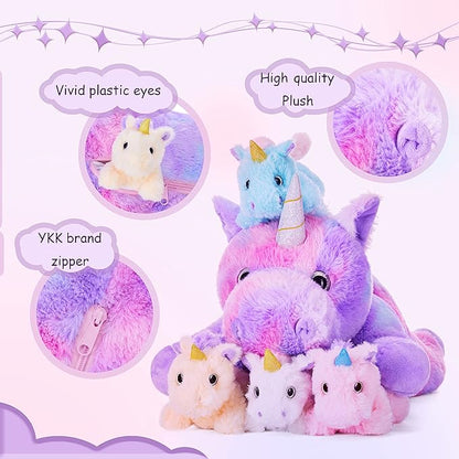 IKASA Mommy Unicorn Toys for Girls Age 4-6，Mom and Baby Stuffed Animal Plush Toy,Small Family Set Toy with Little Babies (Unicorn,18")