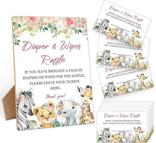 Diapers Wipes Raffle, Floral Animals Diaper Raffle Tickets for Baby Shower 1 Wooden 50 Diaper
