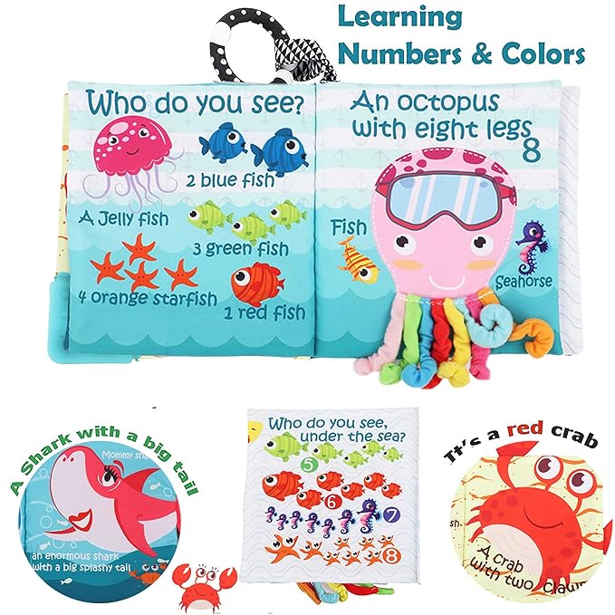 Fish Baby Books Toys, Touch and Feel Cloth Soft Crinkle Books for Babies