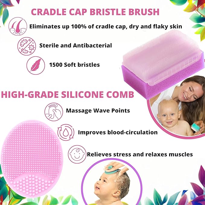Cradle Cap Brush and Sponge Set for Baby - Bath Essentials for Newborns | Treatment Comb | Baby Bath Sponges (5-Pack Pink)