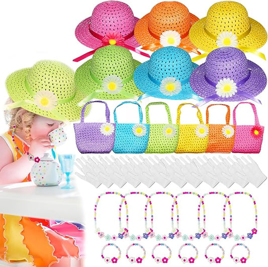 Vegove 6 Pcs Girls Tea Party Straw Hats Country Girl Dress Up with Purse, Gloves & Kits, Children's Summer Beach & Garden Birthday Party Supplies