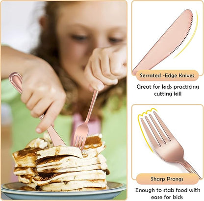 12-Piece Copper Kids Silverware, E-far Stainless Steel Toddler Kids Utensils Safe for Preschooler/Children, Includes 4 Forks 4 Spoons 4 Knife, Slimline Look & Small Size, Rust Free