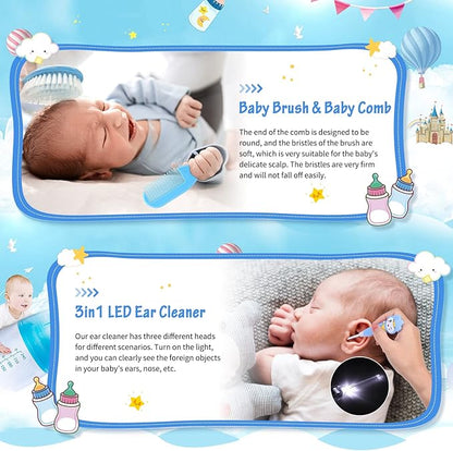 28Pcs Baby Healthcare and Grooming Kit modacraft Baby Safety Set with Hair Brush Lighting Ear Cleaner Nail Clippers Scale Measuring Spoon for Nursery Newborn Baby Girls Boys Kids Blue