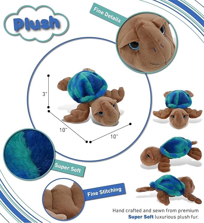 DolliBu Blue Tie-Dye Brown Sea Turtle Super Soft Stuffed Animal - Realistic Stuffed Animals for Girls, Boys 10 Inch