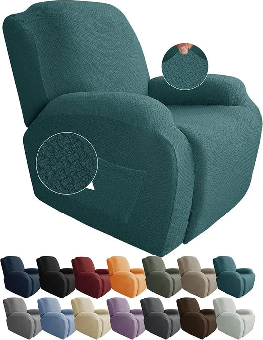 JIVINER 4-Piece Recliner Chair Covers Stretch Jacquard Covers for Recliner Chair Recliner Slipcovers for Living Room Soft Recliner Protector with Pocket (Recliner, Peacock Blue)
