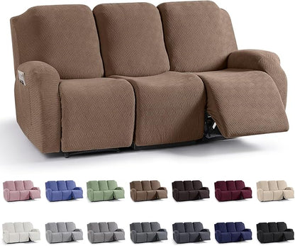 KinCam Recliner Covers, Stretch Reclining Chair Covers, Recliner Sofa Slipcovers Stripe Jacquard Recliner Couch Covers Furniture Protector Covers for Pet Kid (3 Seater, Light Coffee)