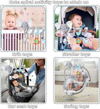 Baby Car Seat Toys, Hanging Stroller Toys for Baby 0-6 Months Infants Activity Spiral Toys with Musical Owl Rattles Hedgehog Beep Ladybug Squeaker - Gray Elephant Toys for Newborn Baby 0 3 6 12 Months