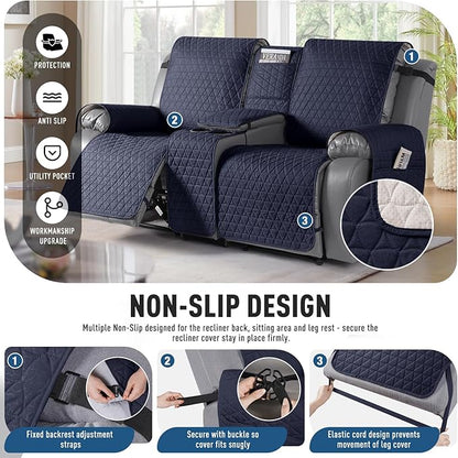 TAOCOCO 100% Waterproof Recliner Cover -Loveseat Recliner Cover with Center Console,Non-Slip Reclining Couch Covers for 2 Seat,with Elastic Straps Pocket for Kids, Dogs(Dark Blue, 2 Seater XL)