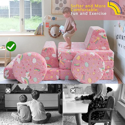 MeMoreCool Modular Pink Unicorn Glow-in-The-Dark Kids Play Couch, 8-Piece Convertible Toddler Sofa for Playroom