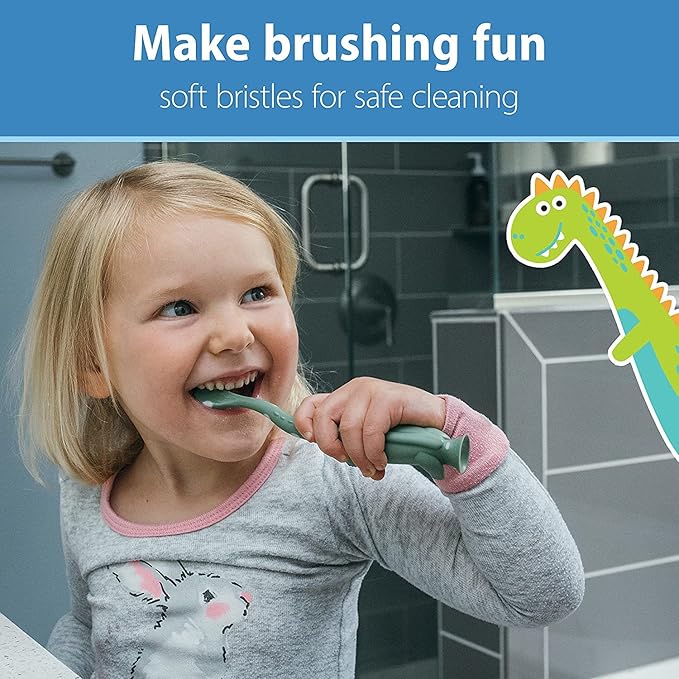 Dr. Brown's Baby and Toddler Toothbrush, Green and Orange Dinosaur 2-Pack 1-4 Years 6m+, Dino-Soft