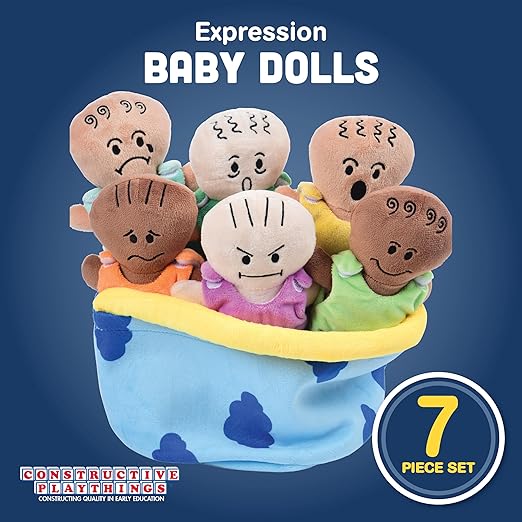 Constructive Playthings 6-Piece Expression Plush Baby Dolls Set for Social Emotional Learning, Plush Multicultural Sensory Cloth Babies Toy Set