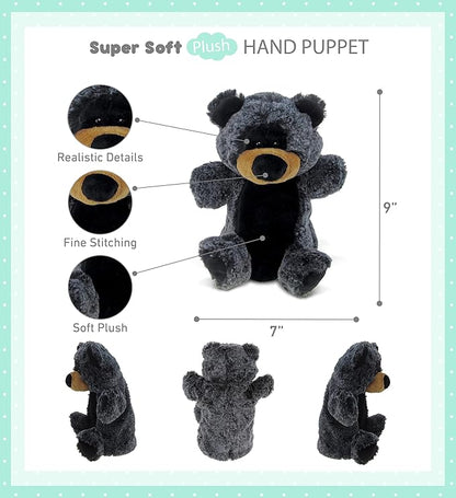 DolliBu Black Bear Plush Hand Puppet for Kids - Soft Plush Stuffed Animal Hand Puppet Toy, Puppet Show Games Puppet Theaters for Kids