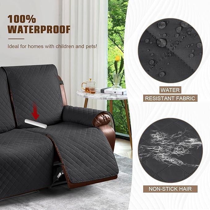 KinCam Waterproof Loveseat Recliner Cover, Non-Slip Reclining Couch Covers for 2 Seat, Recliner Sofa Cover Furniture Protector with Elastic Straps for Kids, Pets, Charcoal Gray