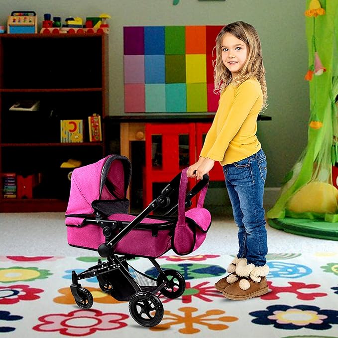 Fash n Kolor Baby Doll Stroller My First Foldable Doll Stroller in Denim Hot Pink Design, Bassinet Stroller with Baby Doll Adjustable Handle