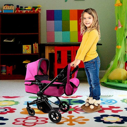 Fash n Kolor Baby Doll Stroller My First Foldable Doll Stroller in Denim Hot Pink Design, Bassinet Stroller with Baby Doll Adjustable Handle