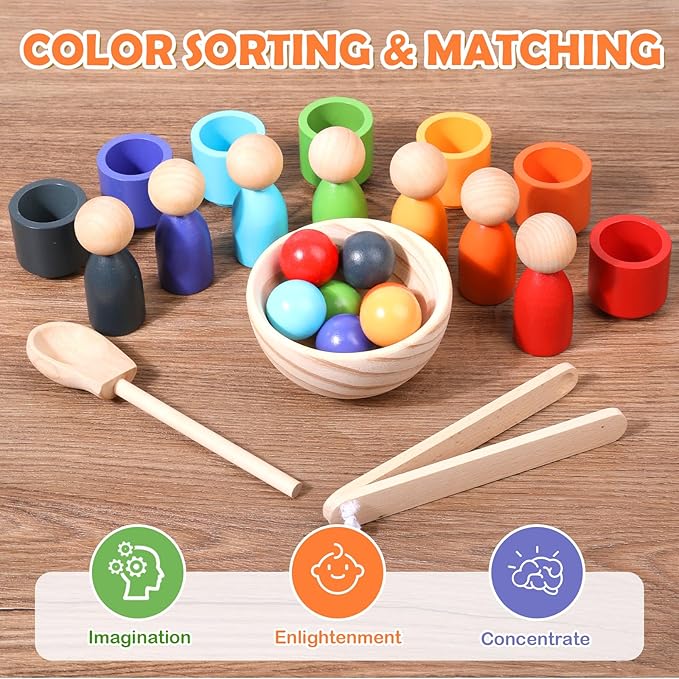 Montessori Balls in Cups Wooden Peg Dolls in Cups, Toddler Color Sorting Toys and Matching Game