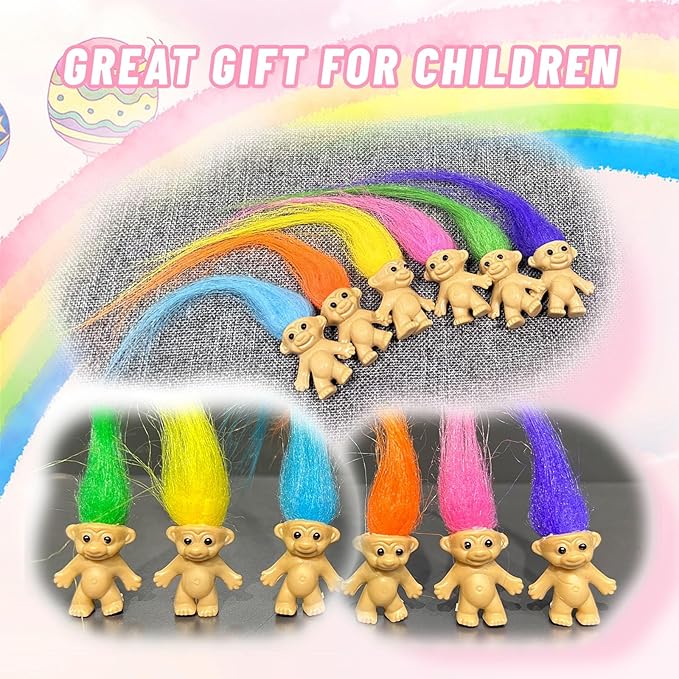 60pcs Long-haired Lucky Mini Troll Dolls, Assorted Hair Colors 0.78" Bodies, 2" Hair.