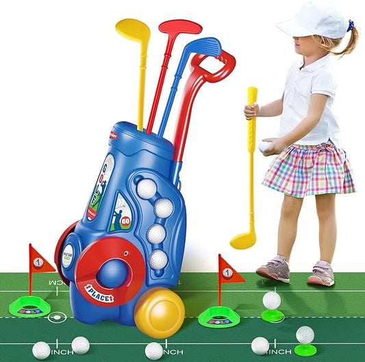 Toddler Golf Clubs Set with Putting Mat,Kids Golf Cart Toys for 3 4 5 Years Old Boys Girls